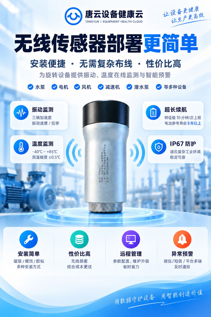 工业无线振动温度传感器IP67防护和5年以上参考电池寿命